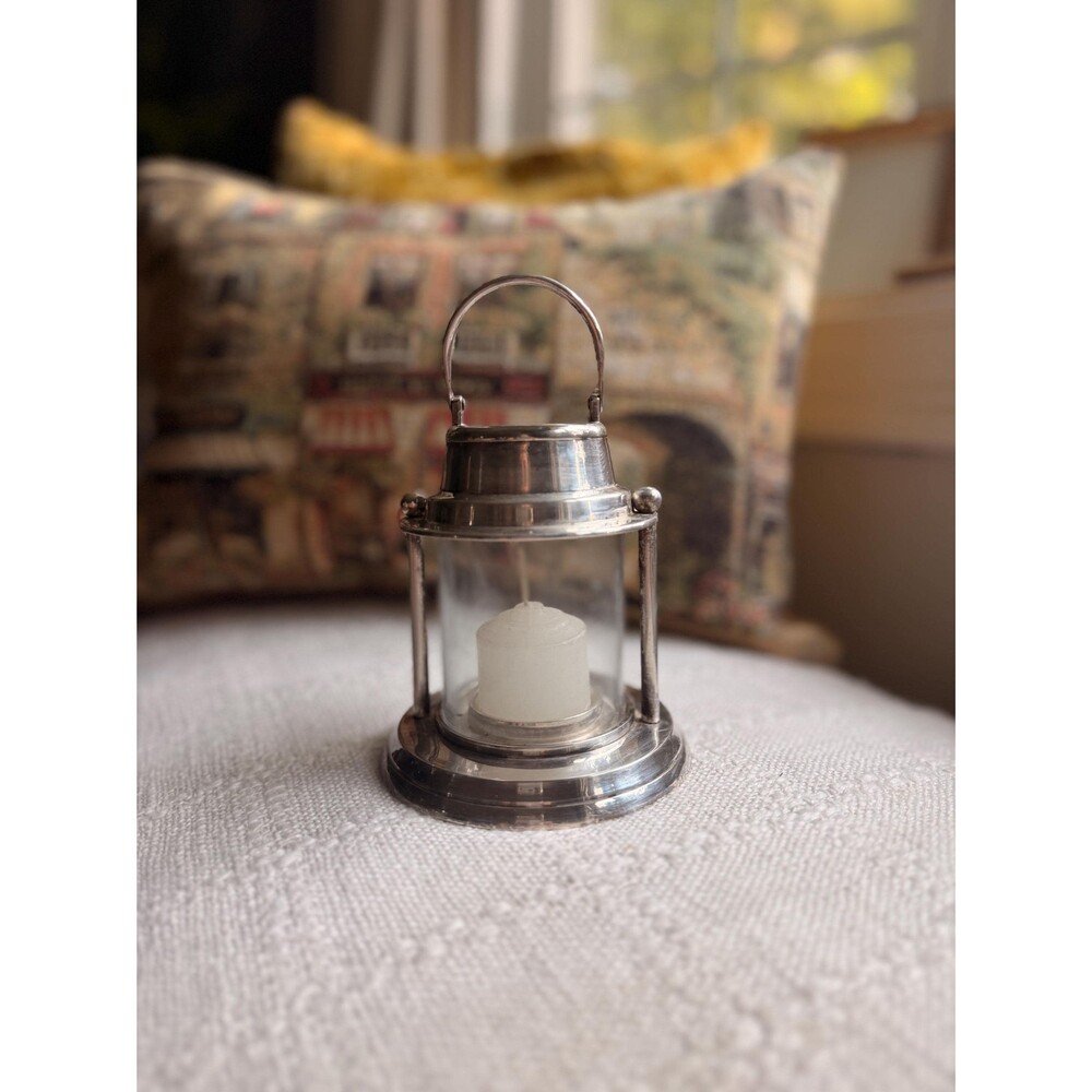 Vintage Lunt Silverplate Lantern Candle Holder Glass Hurricane Miniature Table L